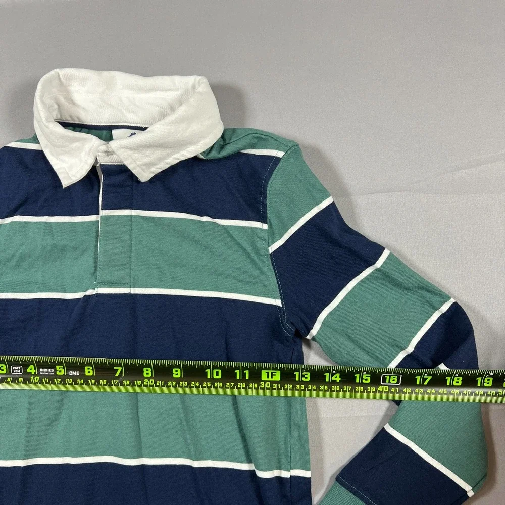 Tommy Bahama Rugby Shirt Kids Medium Navy Green Striped Long Sleeve Performance